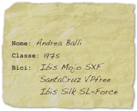 

Nome: Andrea BalliClasse: 1975Bici:  Ibis Mojo SXF          SantaCruz VPfree         Ibis Silk SL-Force